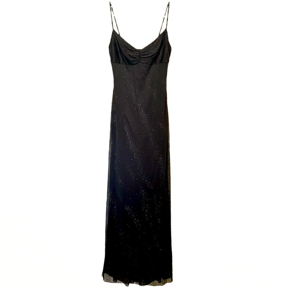 VTG Y2K Black Sleeveless Mesh Sparkle V-Neck Whimsygoth Fairy Grunge Maxi Dress.